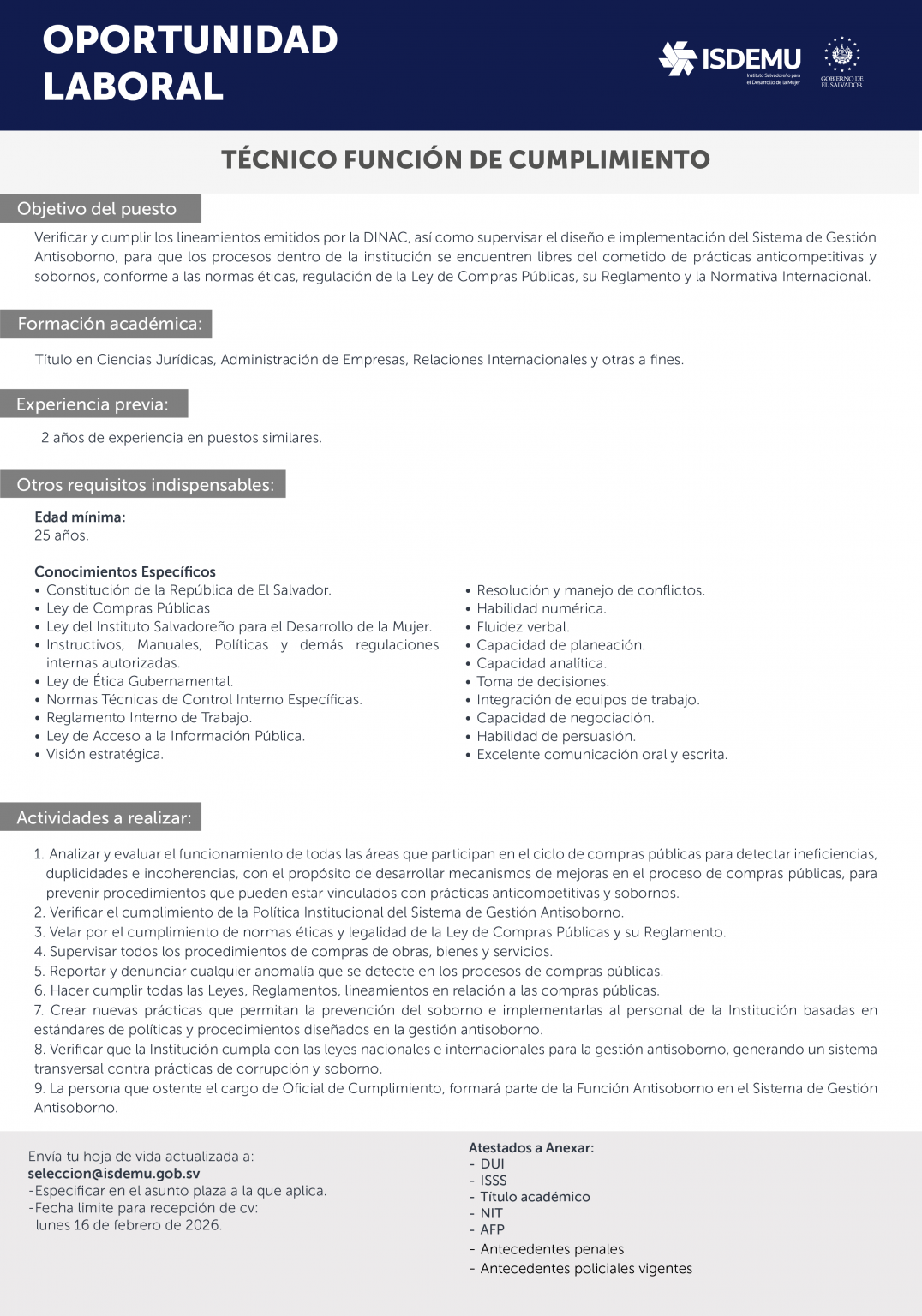 Plaza Técnico función de cumplimiento